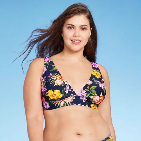 Kona Sol Tropical Print Longline Bikini Top navy blue medium 8/10nswimsuit - Picture 3 of 16